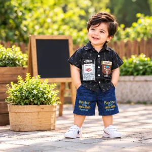 Black Printed Short-Sleeve Shirt & Blue Shorts