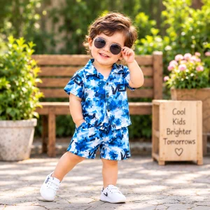 Blue Camo Print Short-Sleeve Shirt & Shorts Set