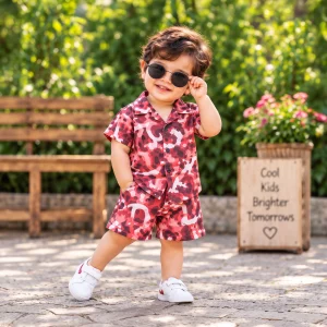 Camo Print Short-Sleeve Shirt & Shorts Set