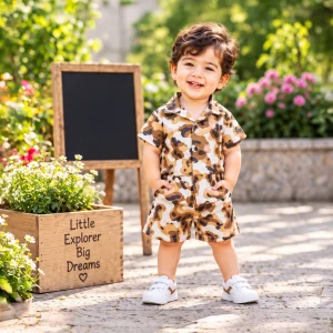 Camouflage Print Short-Sleeve Shirt & Shorts Set