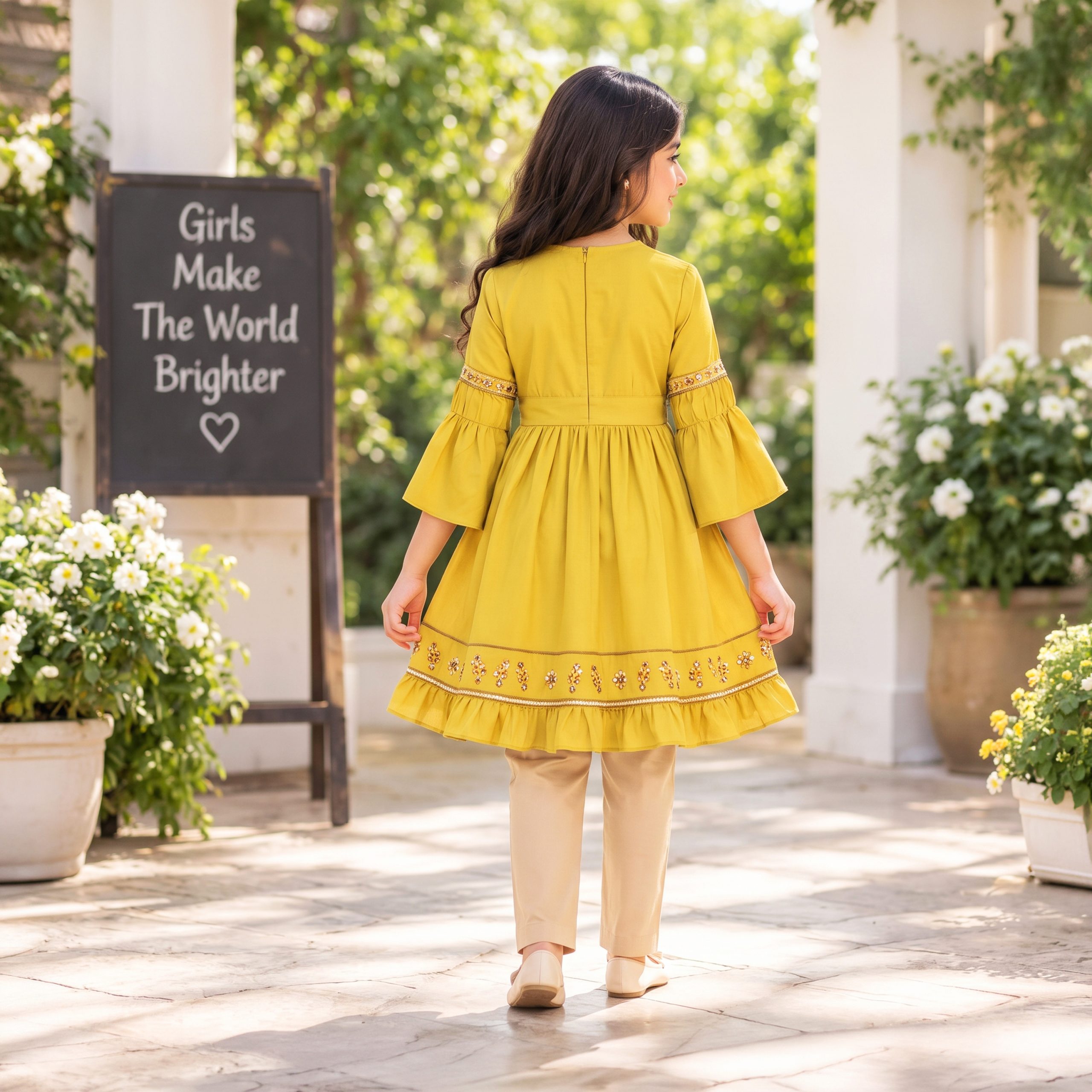 Embellished Bell-Sleeve Frock & Trousers Set - Image 2