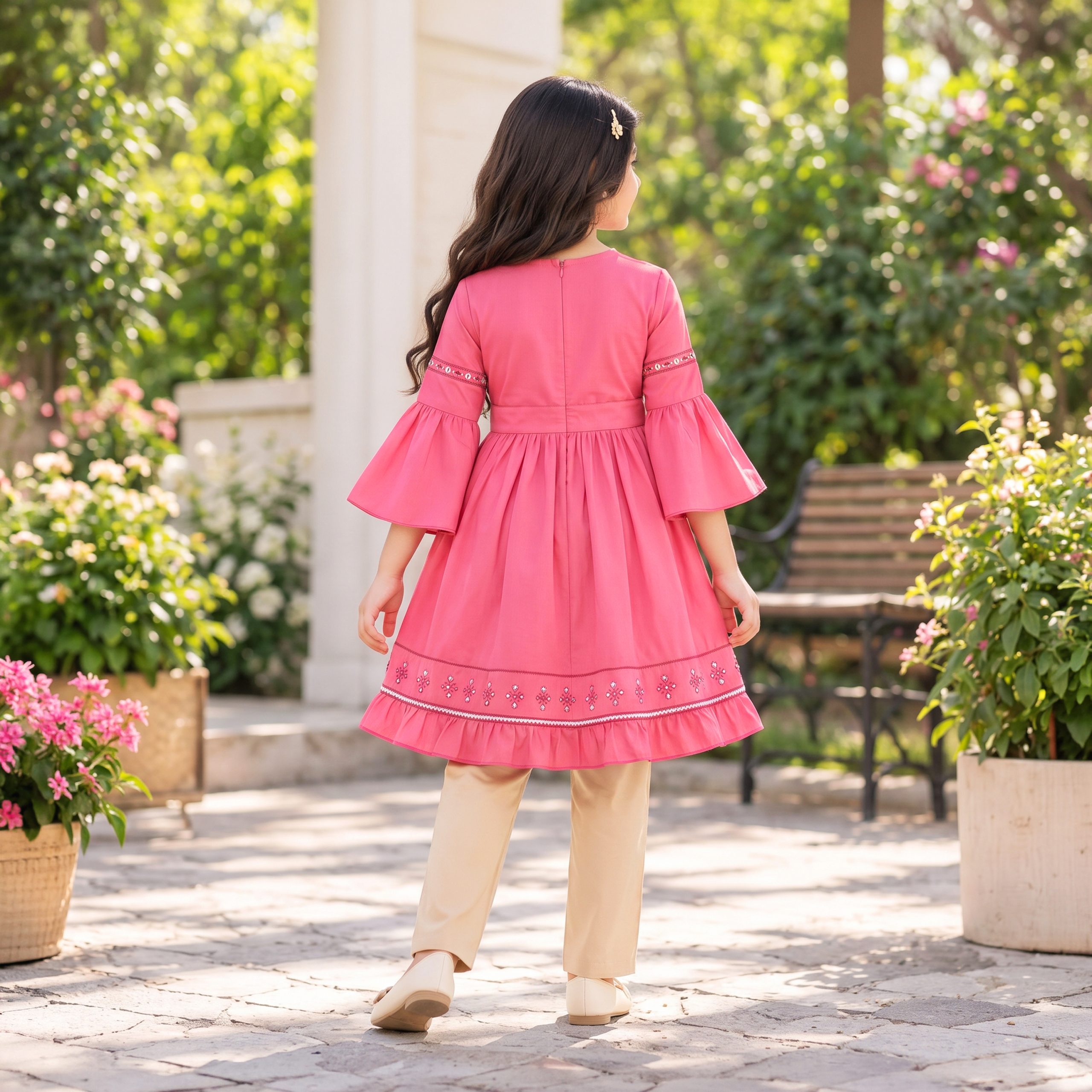 Embellished Bell-Sleeve Frock & Trousers Set - Image 6