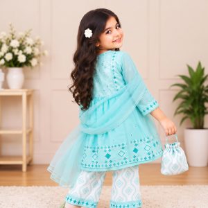 Embroidered Kurti, Printed Trouser & Dupatta Set