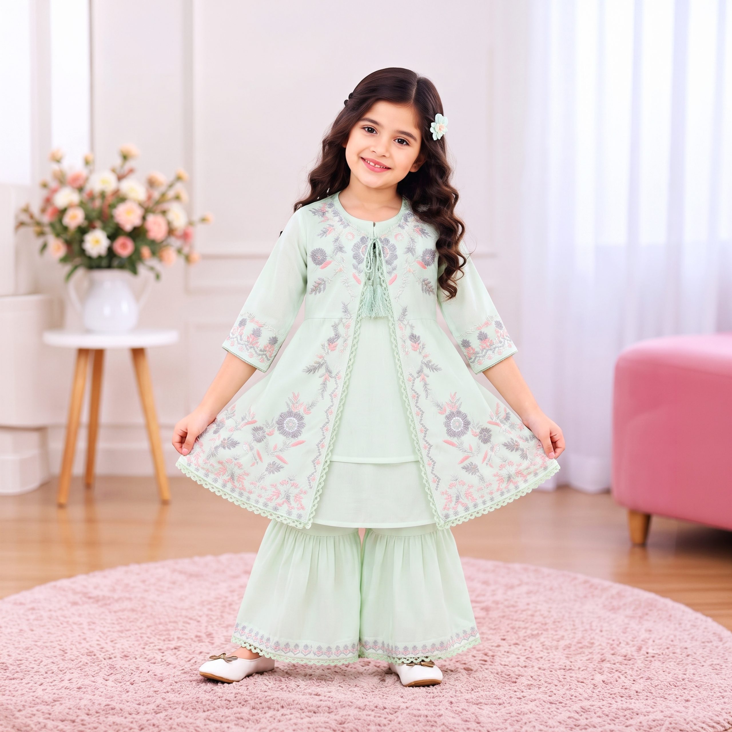 Embroidered Open-Jacket Kurti & Gharara Set - Image 3
