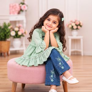 Embroidered Peplum Frock & Bell-Bottom Set