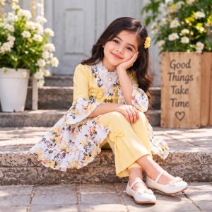 Floral Print Frock & Bow-Accent Trouser Set
