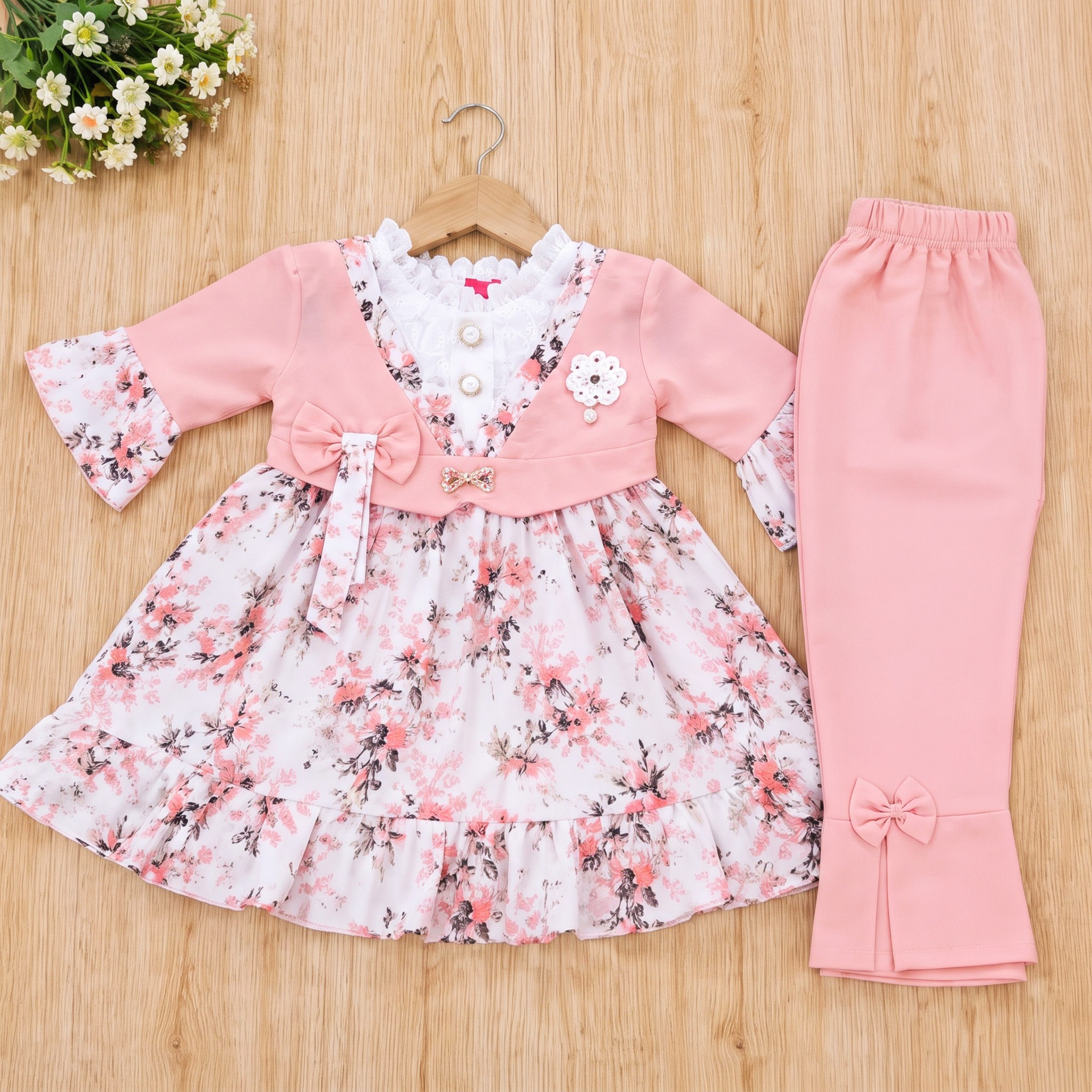 Floral Print Frock & Bow-Accent Trouser Set - Image 10