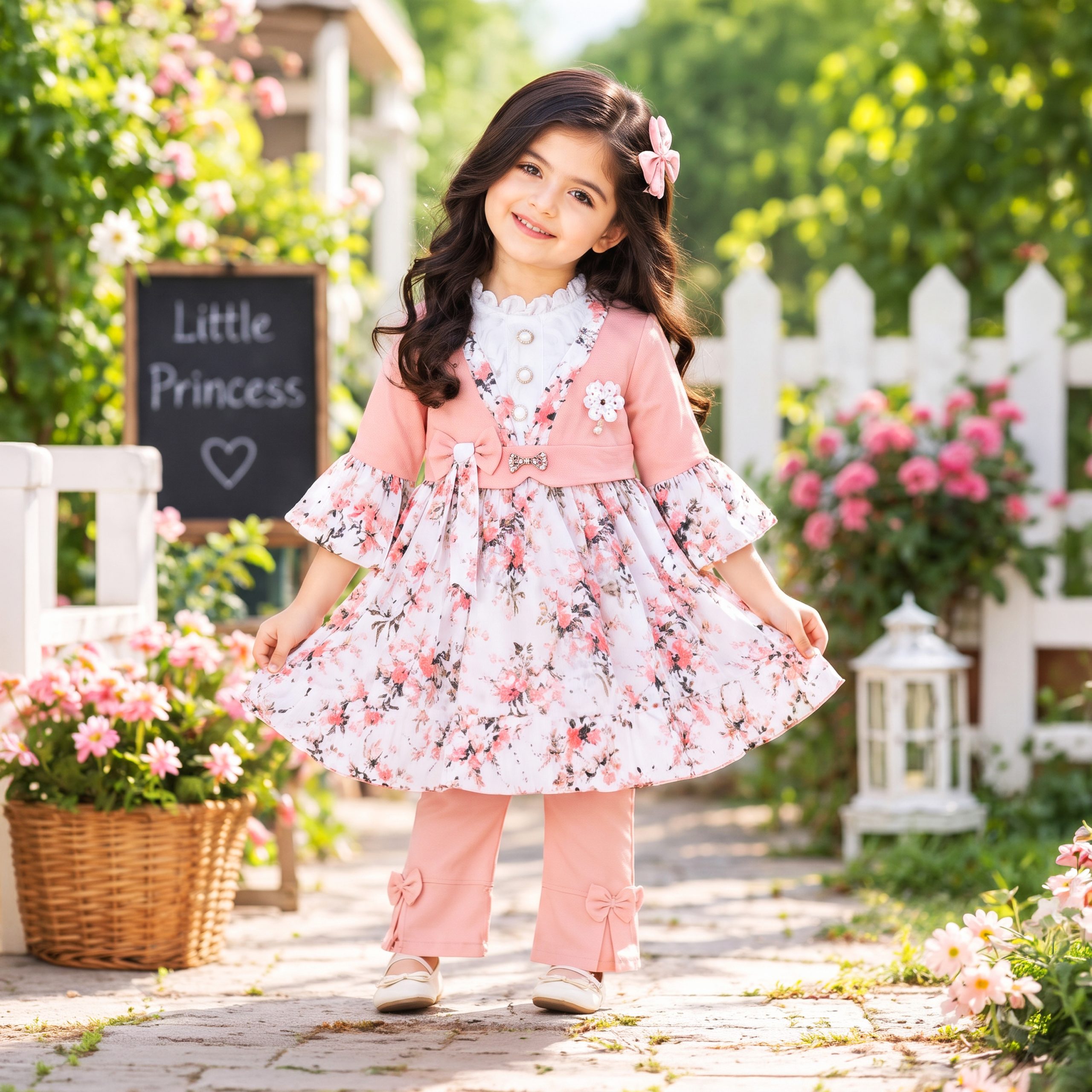 Floral Print Frock & Bow-Accent Trouser Set - Image 12