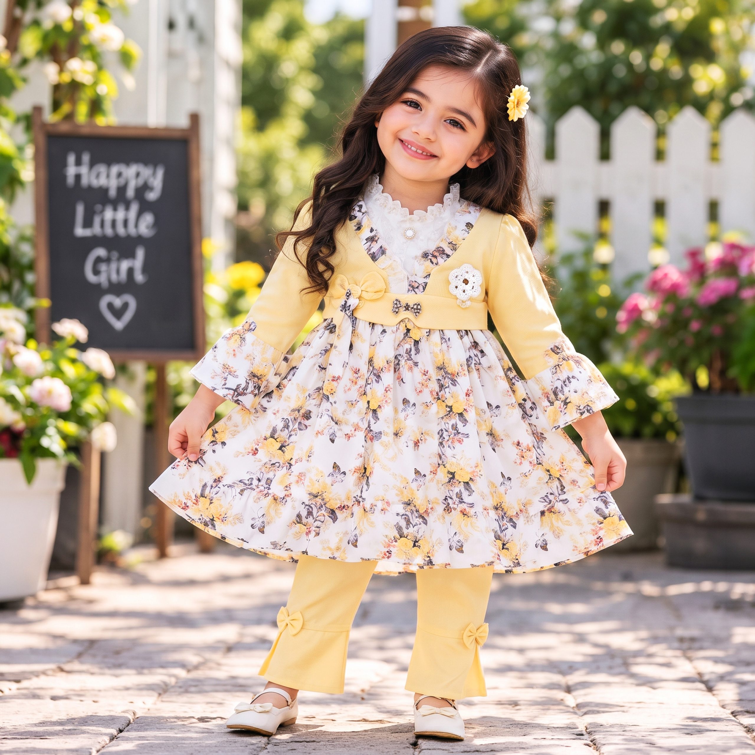 Floral Print Frock & Bow-Accent Trouser Set - Image 3