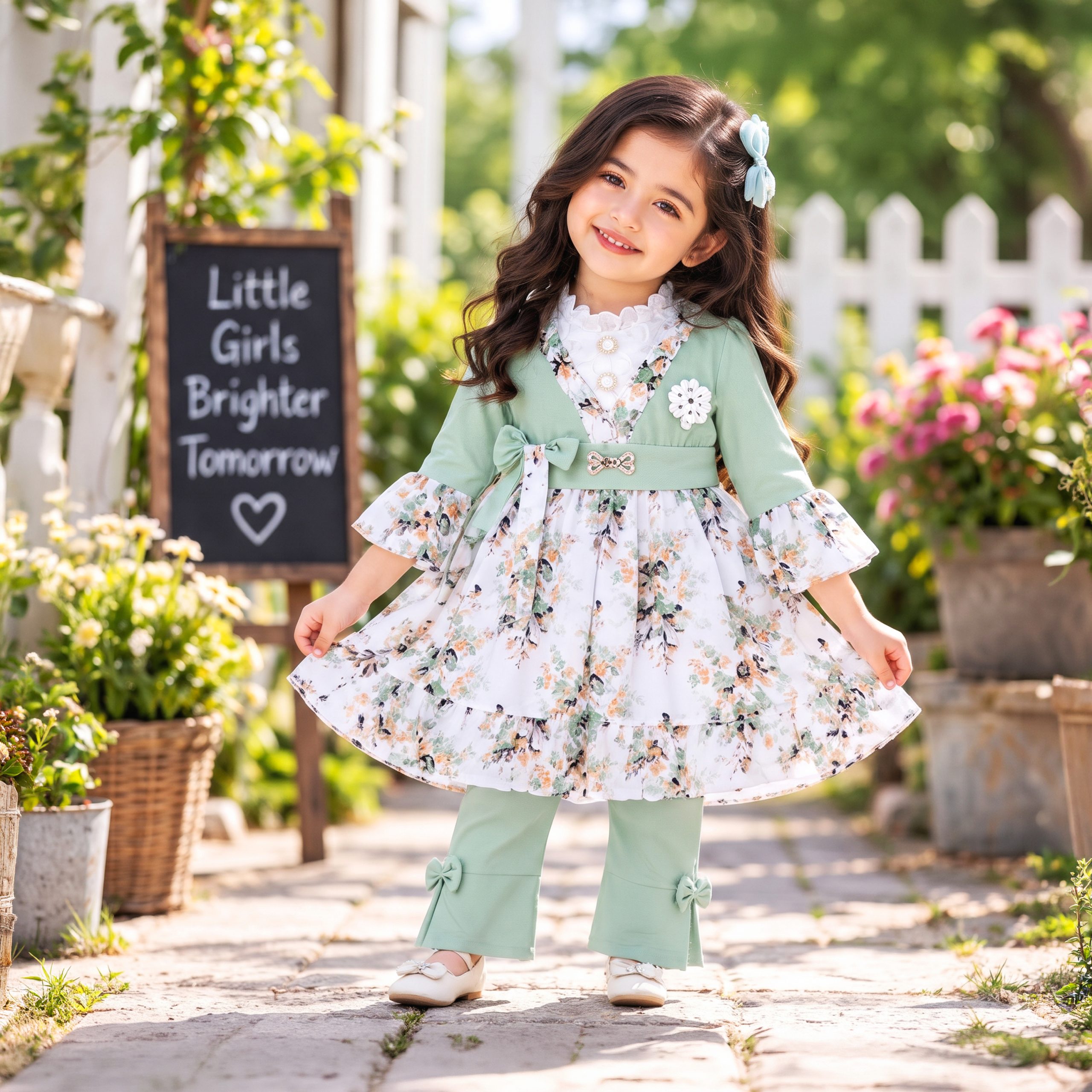 Floral Print Frock & Bow-Accent Trouser Set - Image 5