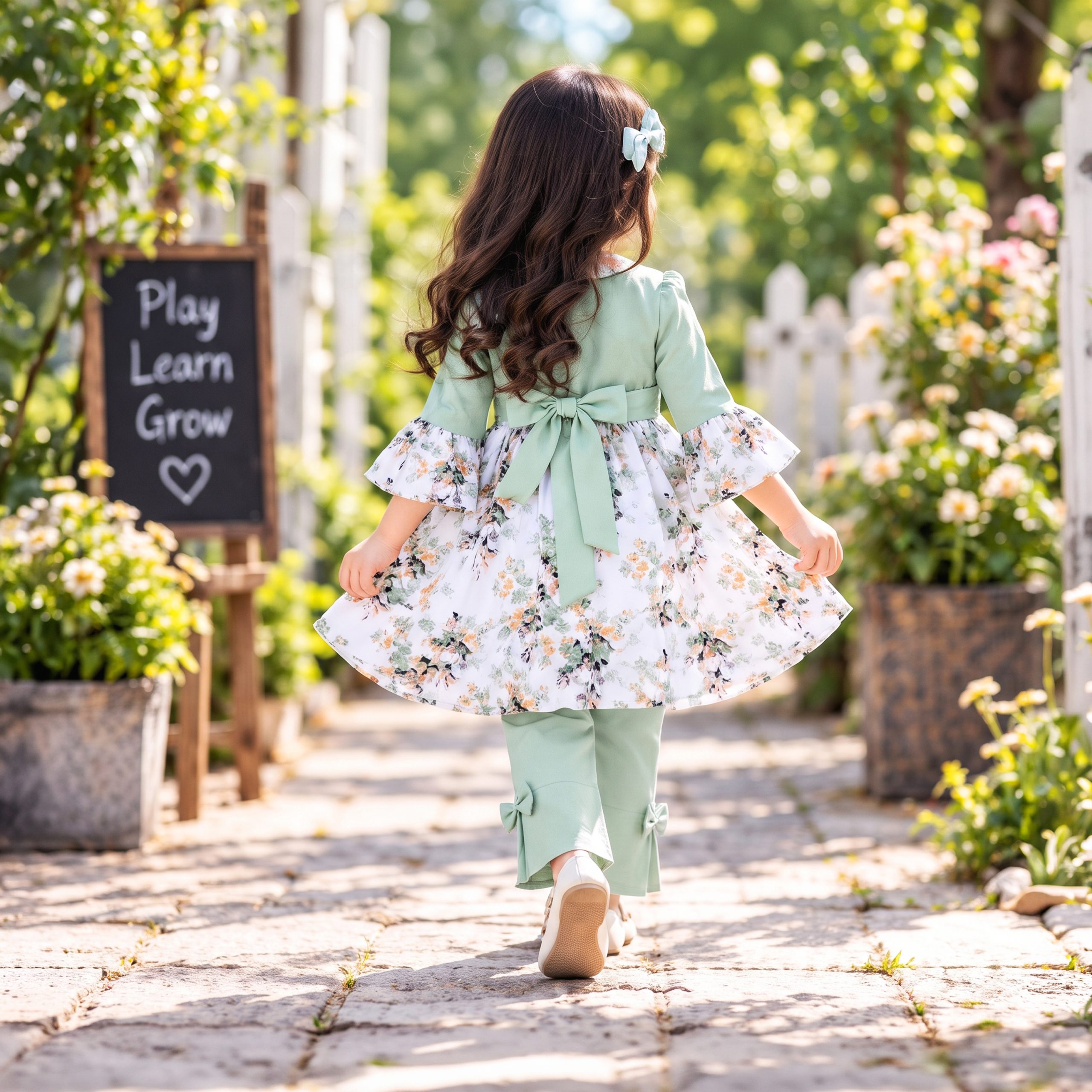 Floral Print Frock & Bow-Accent Trouser Set - Image 6