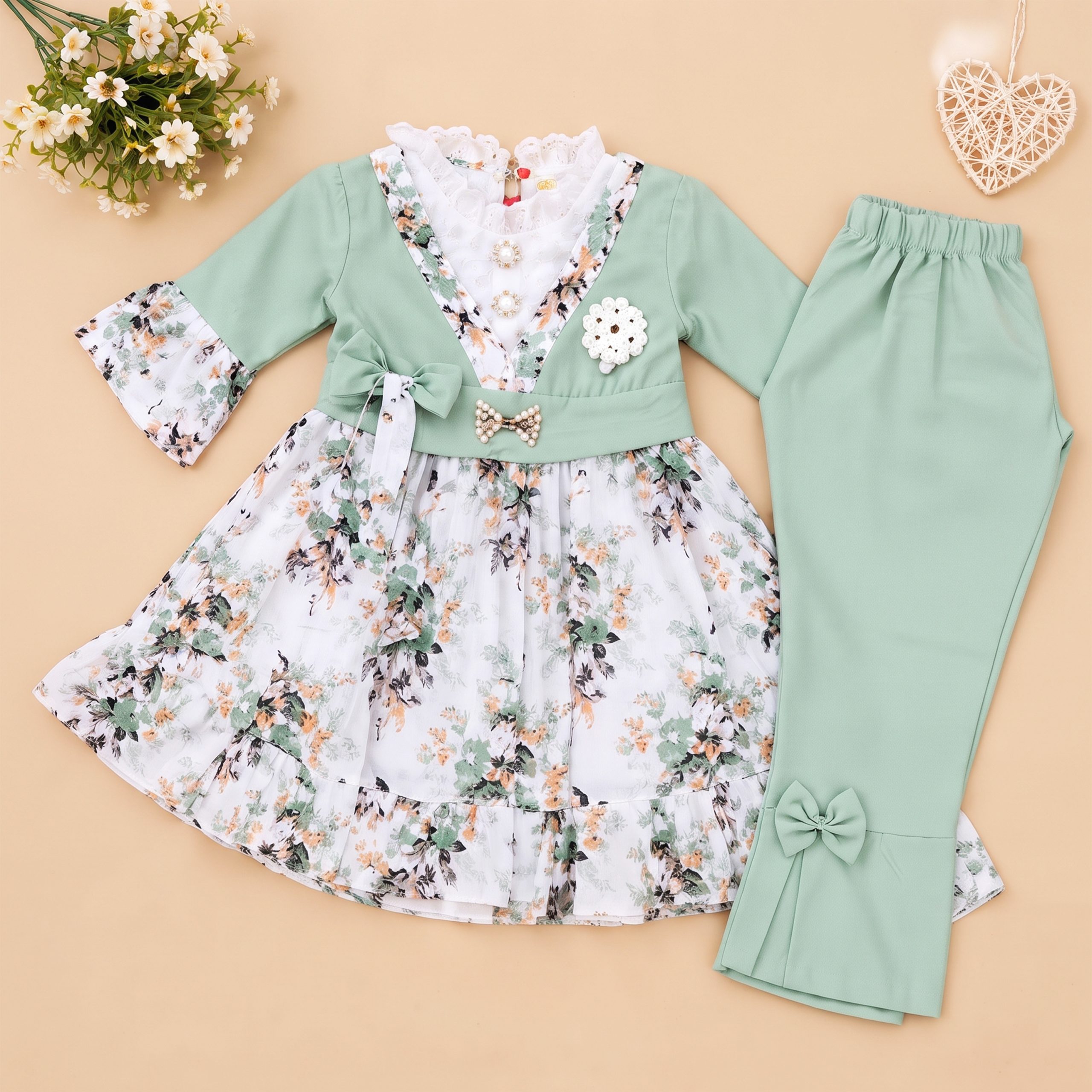 Floral Print Frock & Bow-Accent Trouser Set - Image 8