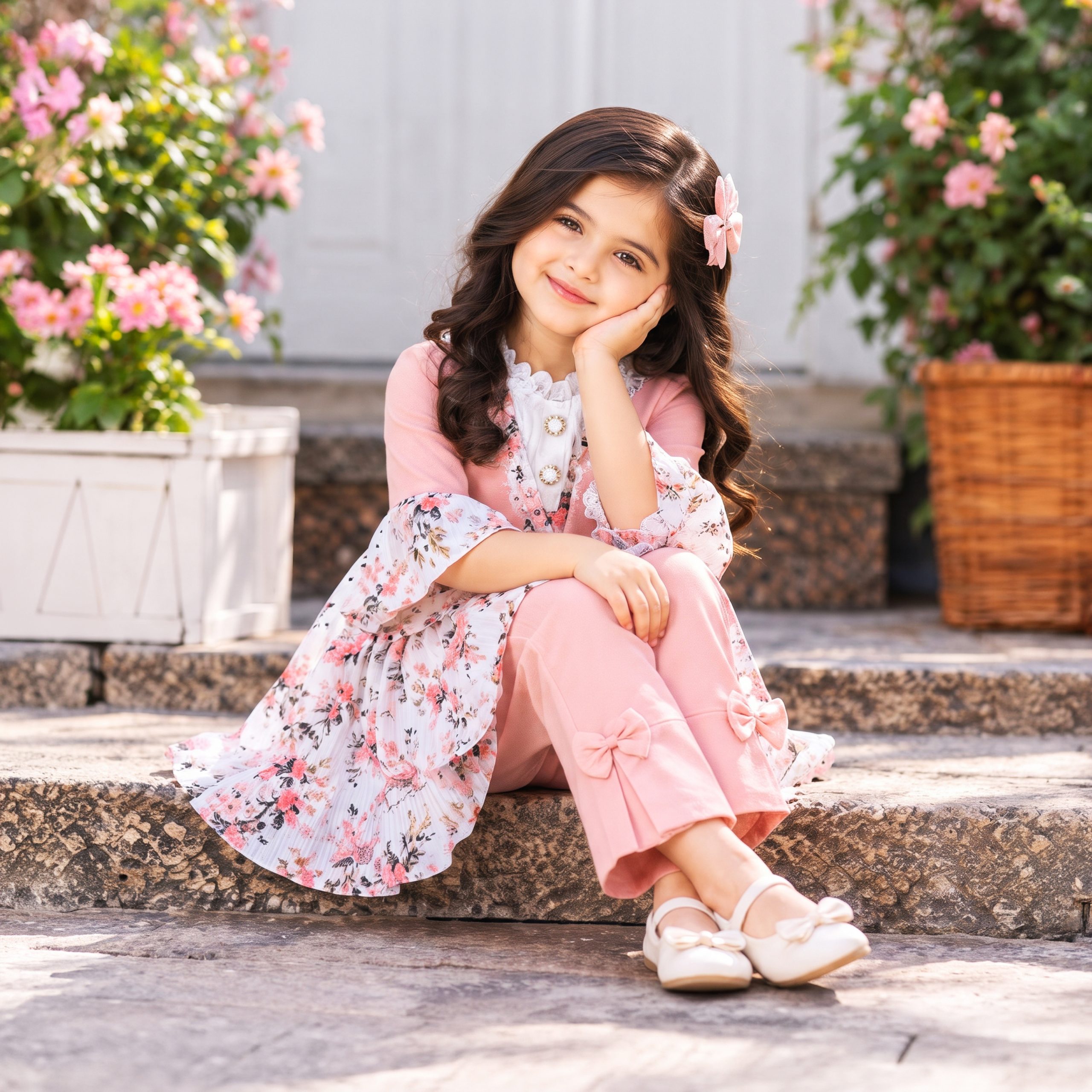 Floral Print Frock & Bow-Accent Trouser Set - Image 9