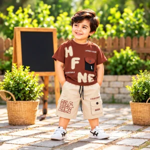 Graphic Printed T-Shirt & Beige Cargo Shorts Set