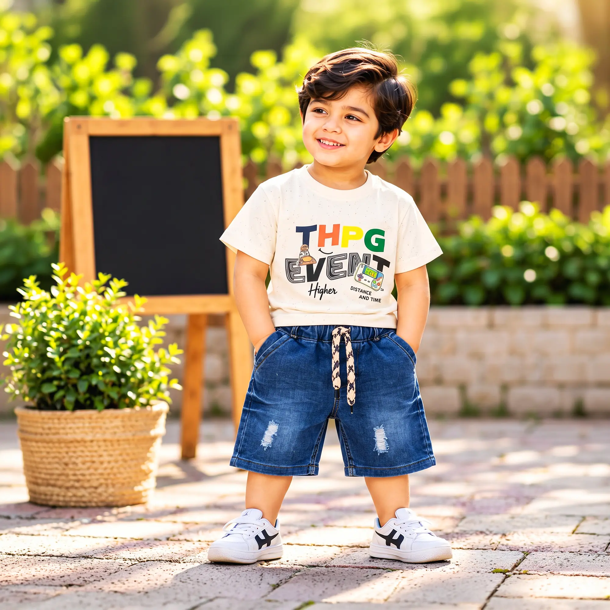 Graphic T-Shirt & Distressed Blue Denim Shorts Set - Image 2