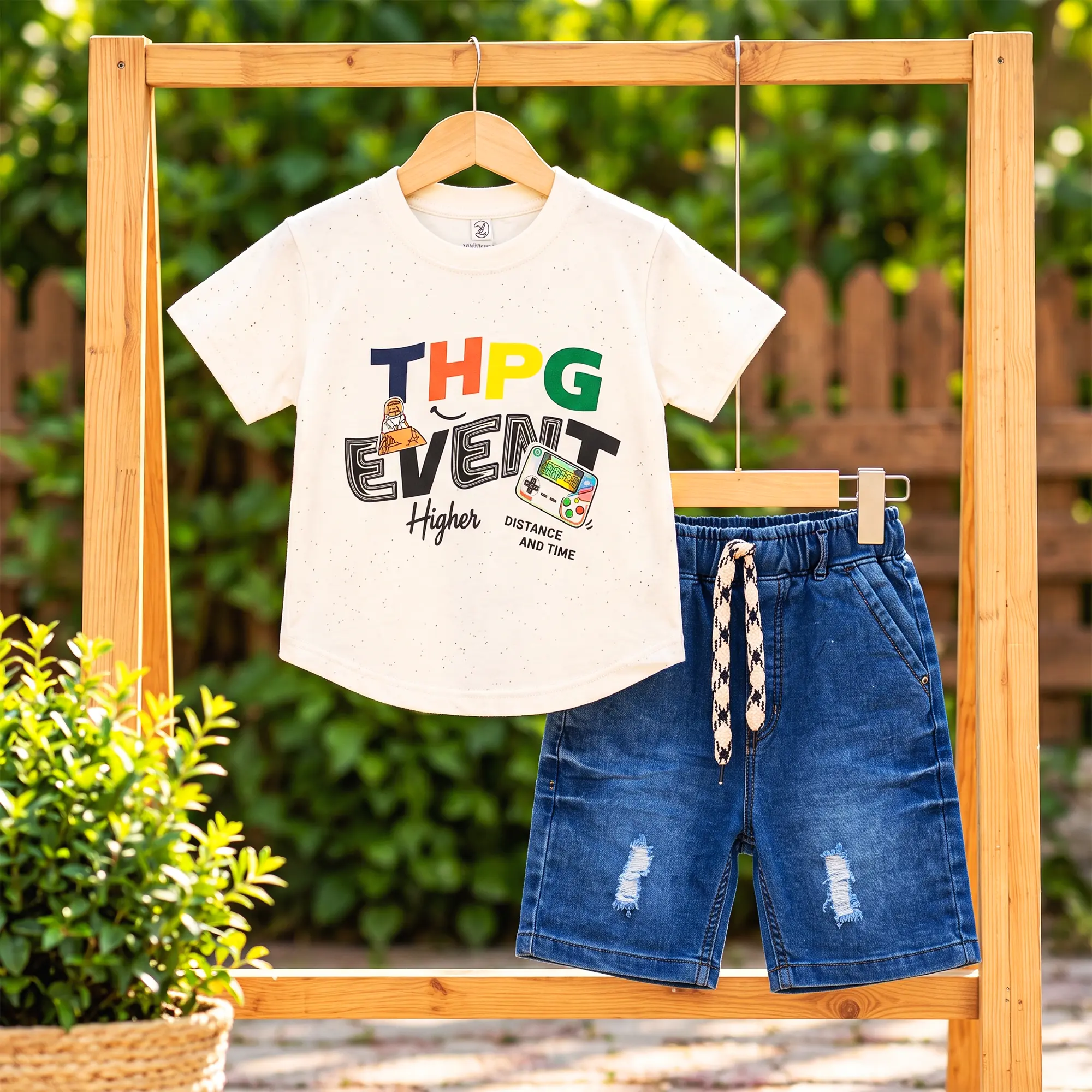 Graphic T-Shirt & Distressed Blue Denim Shorts Set - Image 4