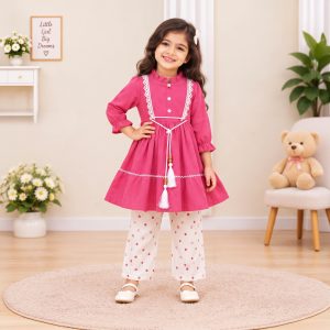 Lace-Trimmed Tasseled Frock & Heart-Print Trouser Set