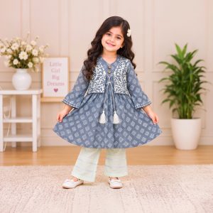 Printed Jacket Frock & Tasseled Trouser Set