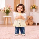 Ruffled Lace Top & Embroidered Jeans Set