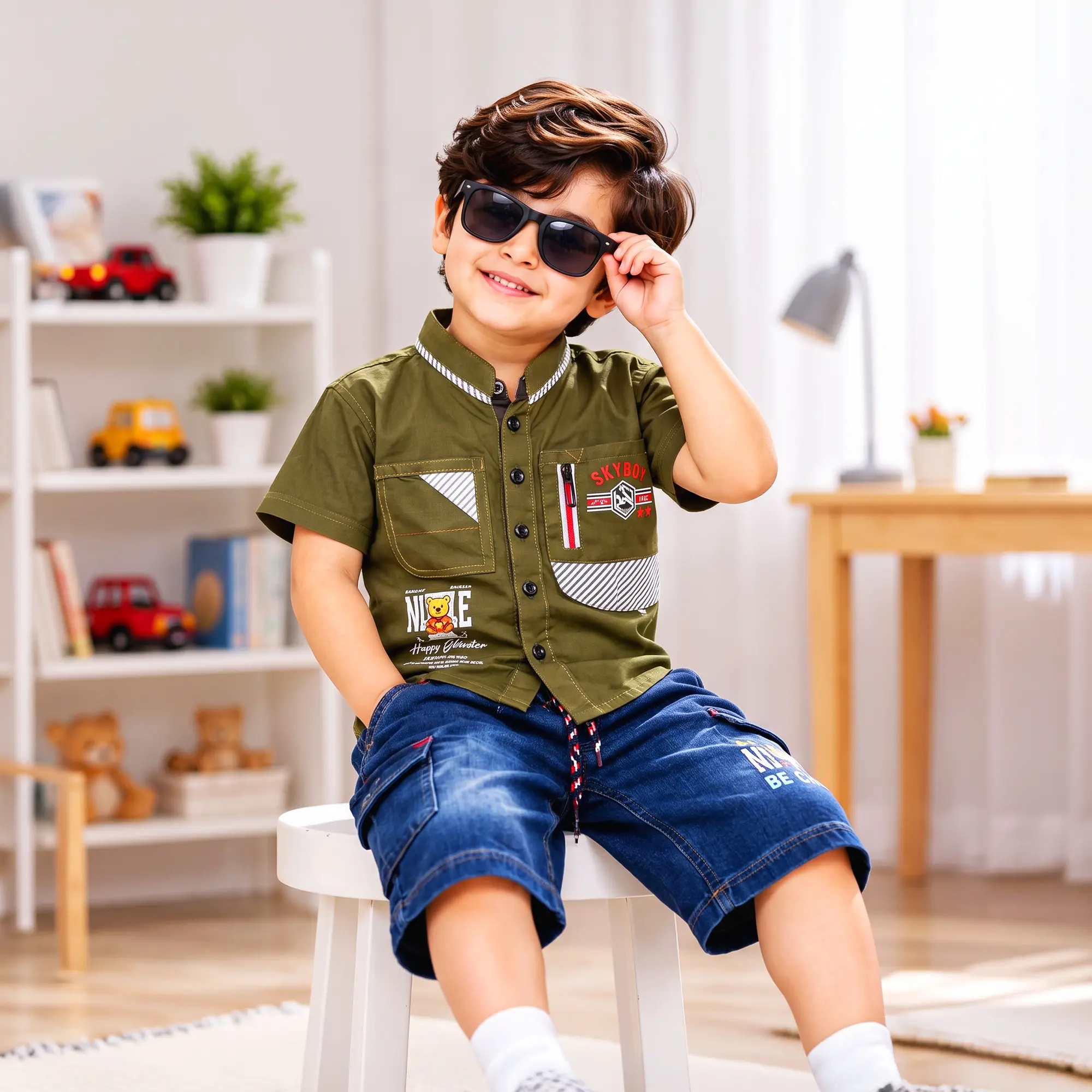 Short-Sleeve Button-Up Shirt & Denim Shorts Set