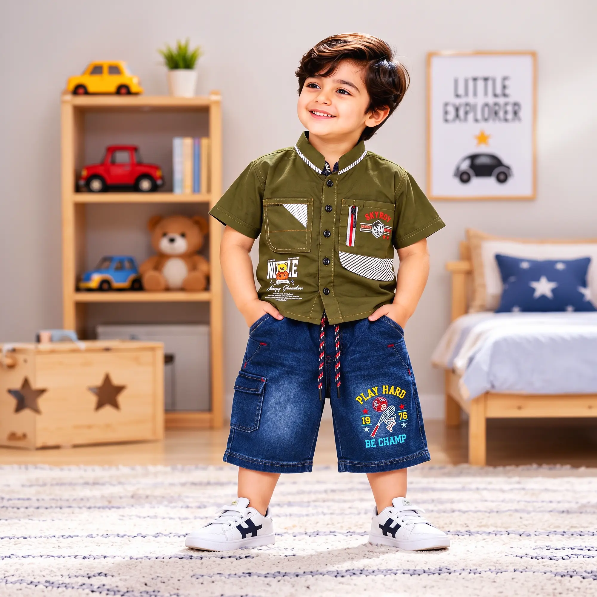 Short-Sleeve Button-Up Shirt & Denim Shorts Set - Image 3