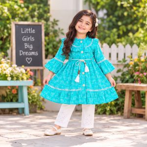 Tasseled Grid Print Frock & Trouser Set