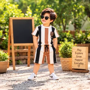 Vertical Colorblock Striped T-Shirt & Shorts Set