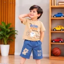 Beige Teddy Bear Graphic T-Shirt & Blue Shorts Set
