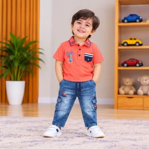 Embroidered Short-Sleeve Polo Shirt & Jeans Set