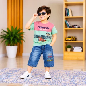 Racing Graphic Colorblock T-Shirt & Denim Cargo Shorts Set