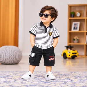 Striped Polo Shirt & Crest Cargo Shorts Set
