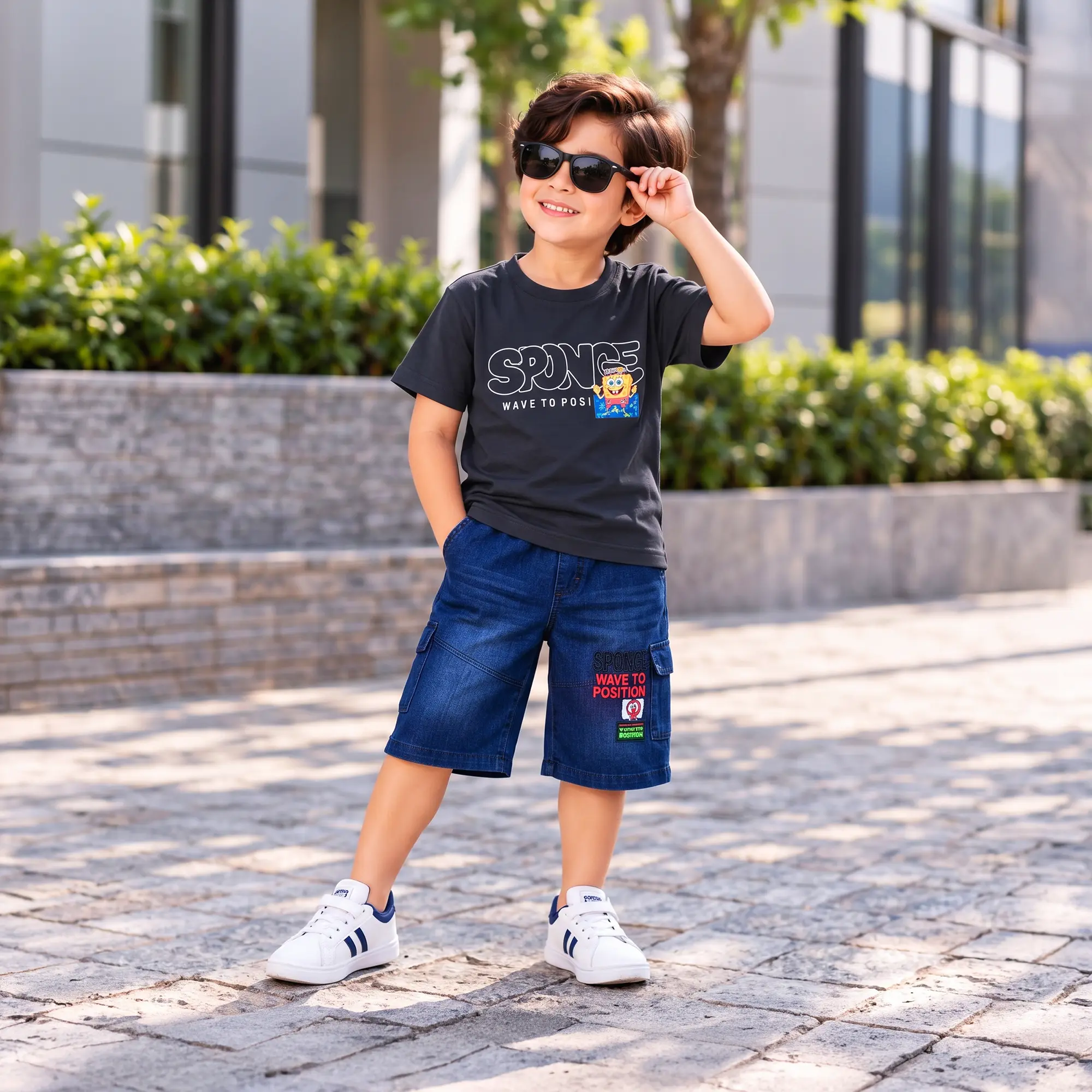 T-Shirt & Denim Cargo Shorts Set
