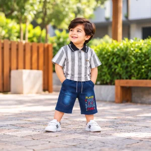 Vertical Striped Polo Shirt & Graphic Shorts Set