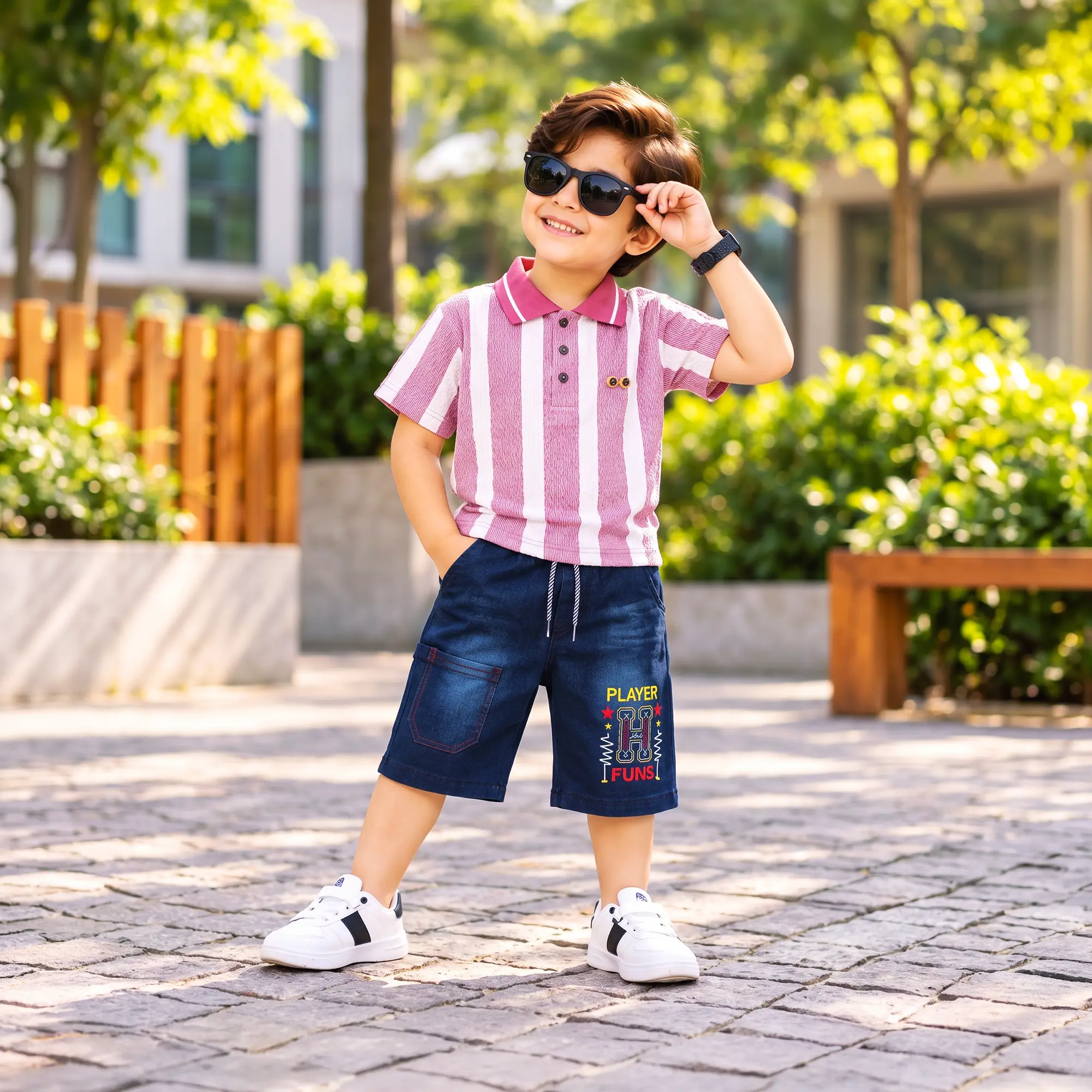 Vertical Striped Polo Shirt & Graphic Shorts Set - Image 12