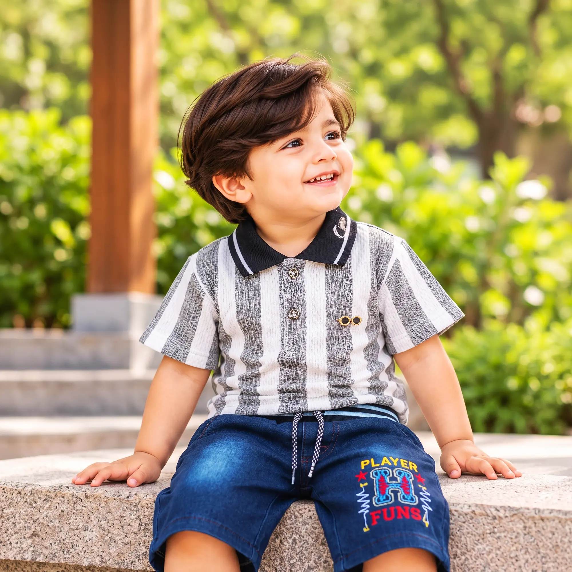 Vertical Striped Polo Shirt & Graphic Shorts Set - Image 4